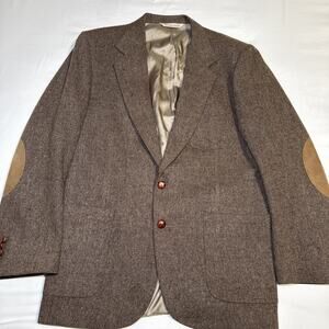VTG Hunt Club Mens 41L Tweed Blazer USA Brown Elbow Patches Wool/Lambs Wool EUC